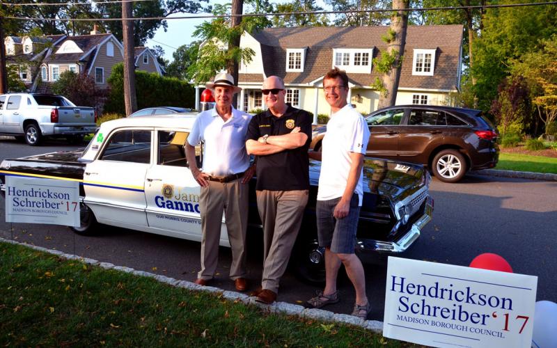 Sheriff Gannon (center) poses in front of his 1963 vintage Chevy Police Squad car  with Madison, NJ 2017 Republican Candidates Denis Schreiber and Ron Hendrickson