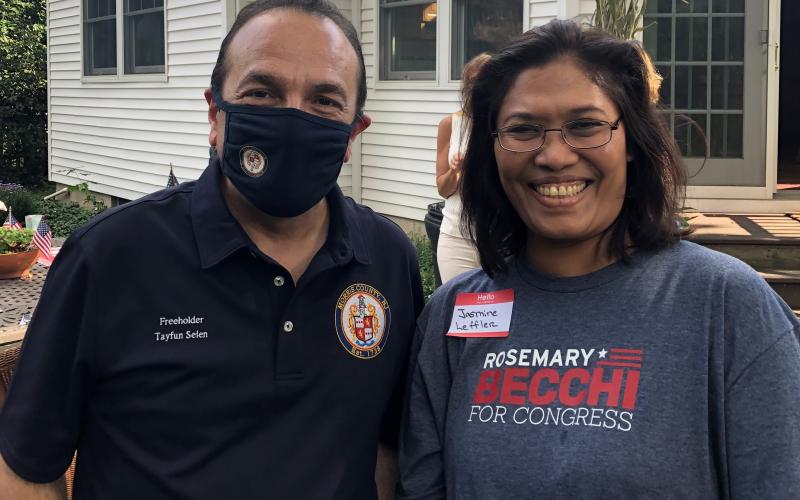 Morris County Freeholder Tayfun Selen spoke with Madison residents like Jasmine Leffler, pictured here, about his work on the Freeholder Board and Morris County's solutions-oriented approach to dealing with the health crisis and economic impact of COVID-19. Freeholder Selen, who has previously served on the Township Committee and also as Mayor of Chatham Township, is the newest countywide elected official in Morris County, and he is on the ballot in this year's General Election.