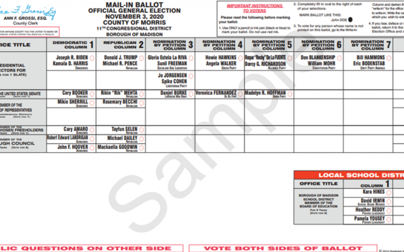 Sample ballot, side 1, Madison, NJ General Election.