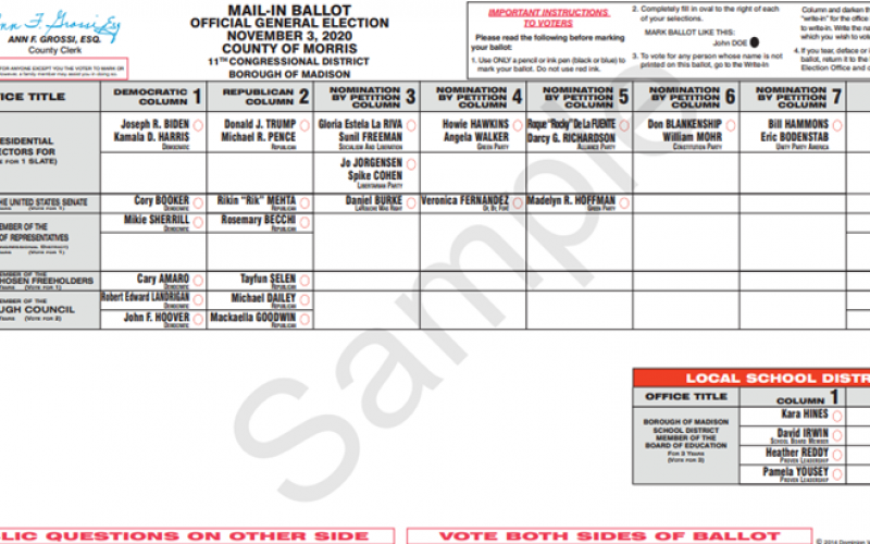 Madison, NJ ballot for the 2020 General Election, side 1