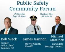 Martinez for Madison hosts Public Safety Community Forum and campaign kickoff on September 13, 2023. Photo of Bob Weck former police chief Summit NJ, James Gannon Morris County Sheriff, Michael Martinez 2023 Republican Candidate for Madison NJ Borough Council.